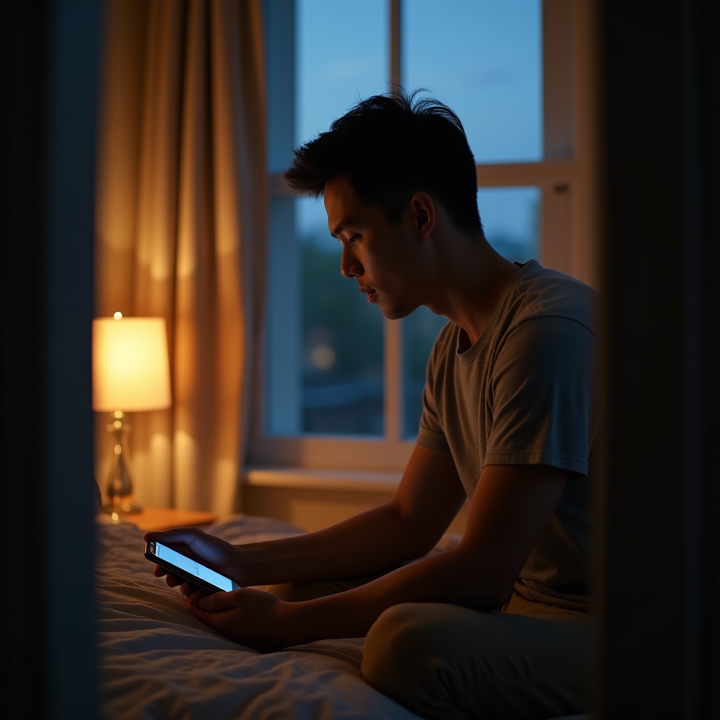Bărbat punând telefonul mobil pe modul avion înainte de culcare, într-o cameră luminată cald