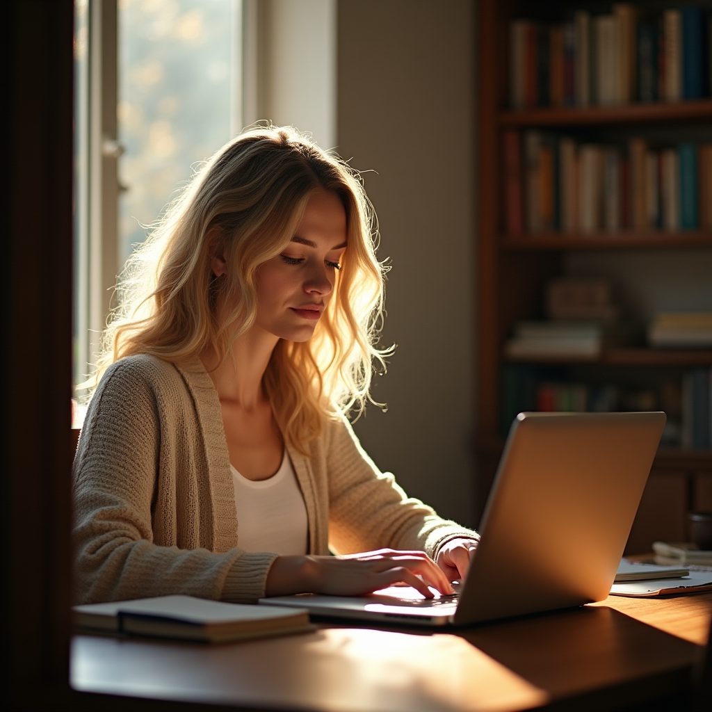 Femeie scriind la un laptop, într-un spațiu luminos, redactând un articol despre propria experiență