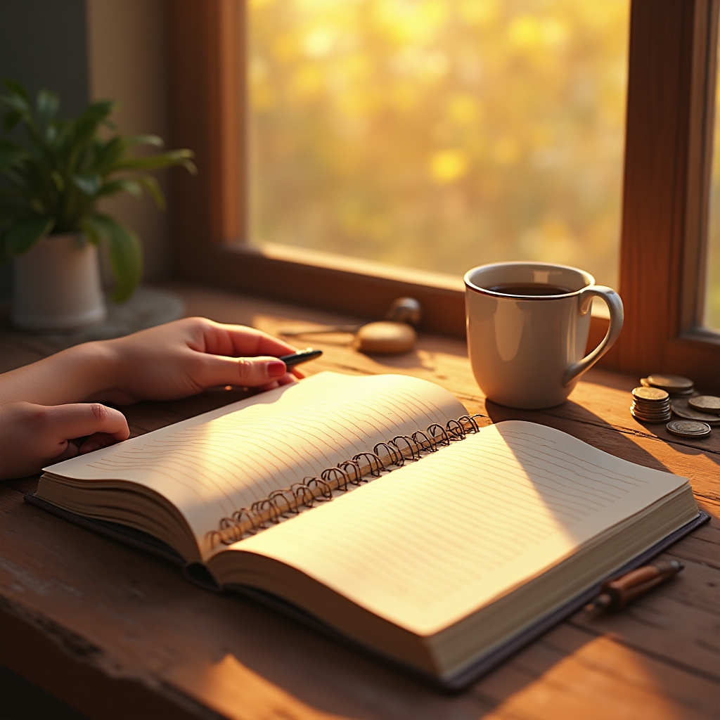 Jurnal deschis cu notițe despre obiceiuri de bani și timp, alături de o ceașcă de cafea